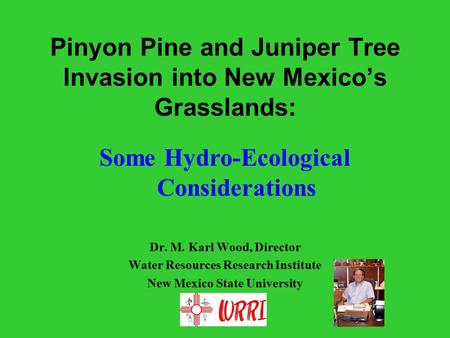 Pinyon Pine and Juniper Tree Invasion into New Mexico’s Grasslands: Dr. M. Karl Wood, Director Water Resources Research Institute New Mexico State University.