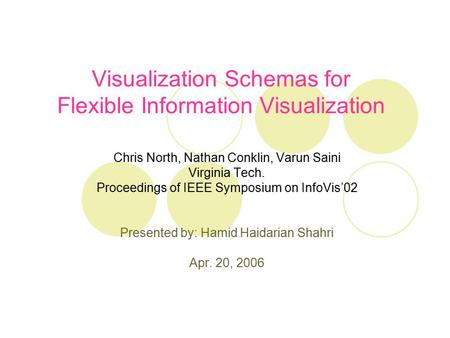 Visualization Schemas for Flexible Information Visualization Chris North, Nathan Conklin, Varun Saini Virginia Tech. Proceedings of IEEE Symposium on InfoVis’02.