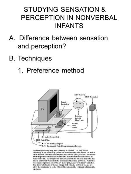 STUDYING SENSATION & PERCEPTION IN NONVERBAL INFANTS A. Difference between sensation and perception? B.Techniques 1.Preference method.