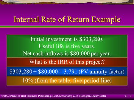 21 - 1 ©2003 Prentice Hall Business Publishing, Cost Accounting 11/e, Horngren/Datar/Foster Internal Rate of Return Example Initial investment is $303,280.