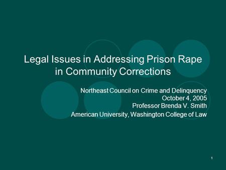 1 Legal Issues in Addressing Prison Rape in Community Corrections Northeast Council on Crime and Delinquency October 4, 2005 Professor Brenda V. Smith.
