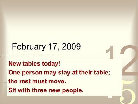 February 17, 2009 New tables today! One person may stay at their table; the rest must move. Sit with three new people.