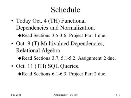 Fall 2001Arthur Keller – CS 1804–1 Schedule Today Oct. 4 (TH) Functional Dependencies and Normalization. u Read Sections 3.5-3.6. Project Part 1 due. Oct.
