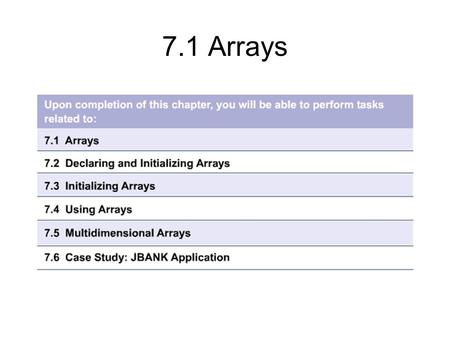7.1 Arrays. 7.1.1 Introduction to arrays Any array is a collection of objects or primitives Useful when the number of reference variables is large or.