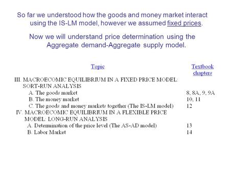 So far we understood how the goods and money market interact using the IS-LM model, however we assumed fixed prices. Now we will understand price determination.