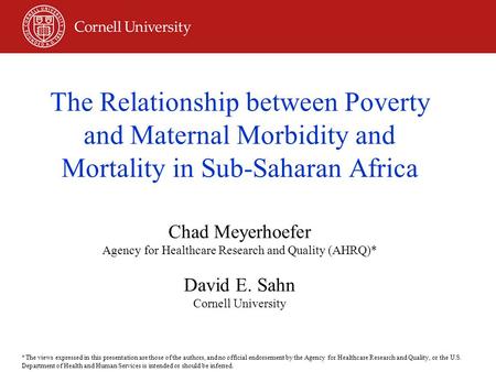 The Relationship between Poverty and Maternal Morbidity and Mortality in Sub-Saharan Africa Chad Meyerhoefer Agency for Healthcare Research and Quality.