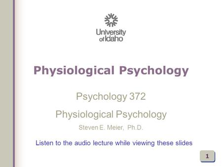 Listen to the audio lecture while viewing these slides Psychology 372 Physiological Psychology Steven E. Meier, Ph.D. 1 Physiological Psychology.