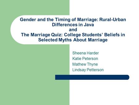 Gender and the Timing of Marriage: Rural-Urban Differences in Java and The Marriage Quiz: College Students’ Beliefs in Selected Myths About Marriage Sheena.