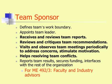 Team Sponsor Defines team ’ s work boundary. Appoints team leader. Receives and reviews team reports. Reviews and critiques team recommendations. Visits.
