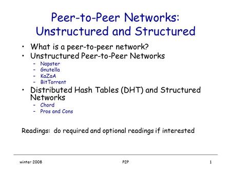 Winter 2008 P2P1 Peer-to-Peer Networks: Unstructured and Structured What is a peer-to-peer network? Unstructured Peer-to-Peer Networks –Napster –Gnutella.