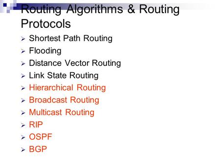 Routing Algorithms & Routing Protocols  Shortest Path Routing  Flooding  Distance Vector Routing  Link State Routing  Hierarchical Routing  Broadcast.