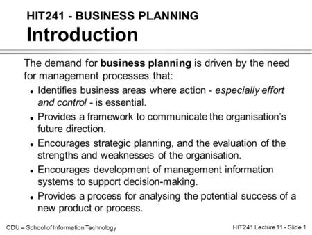 HIT241 - BUSINESS PLANNING Introduction