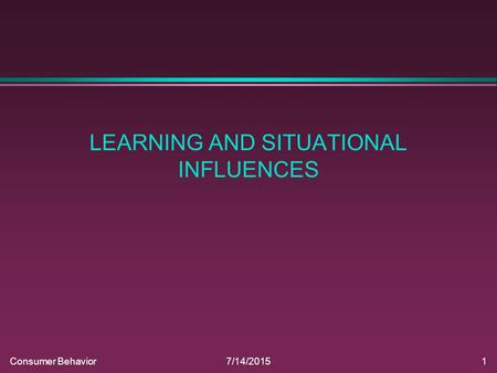 Consumer Behavior7/14/20151 LEARNING AND SITUATIONAL INFLUENCES.