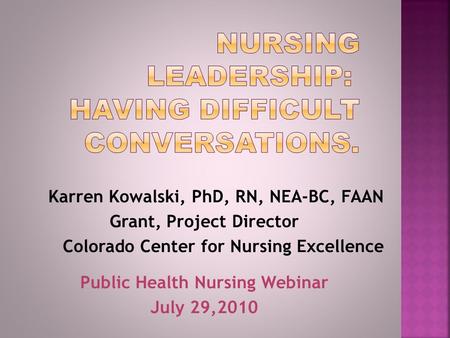 Karren Kowalski, PhD, RN, NEA-BC, FAAN Grant, Project Director Colorado Center for Nursing Excellence Public Health Nursing Webinar July 29,2010.