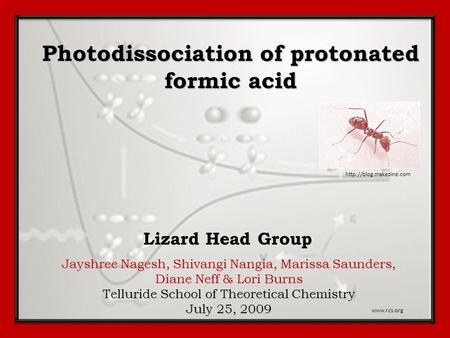 Photodissociation of protonated formic acid Jayshree Nagesh, Shivangi Nangia, Marissa Saunders, Diane Neff & Lori Burns Telluride School of Theoretical.