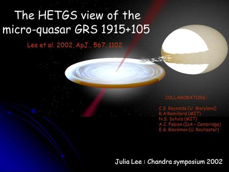 The HETGS view of the micro-quasar GRS 1915+105 Lee et al. 2002, ApJ., 567, 1102 COLLABORATORS : C.S. Reynolds (U. Maryland) R.A Remillard (MIT) N.S. Schulz.
