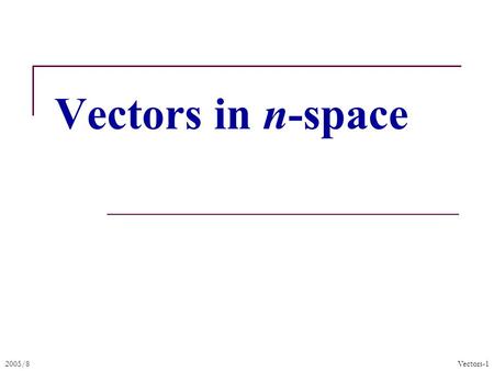 2005/8Vectors-1 Vectors in n-space. 2005/8Vectors-2 Definition of points in space A pair of numbere (x, y) can be used to represent a point in the plane.