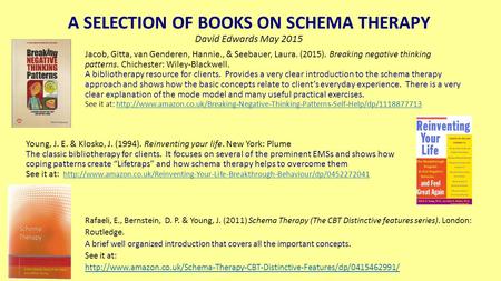 A SELECTION OF BOOKS ON SCHEMA THERAPY David Edwards May 2015 Young, J. E. & Klosko, J. (1994). Reinventing your life. New York: Plume The classic bibliotherapy.