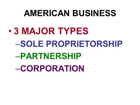 AMERICAN BUSINESS 3 MAJOR TYPES –SOLE PROPRIETORSHIP –PARTNERSHIP –CORPORATION.