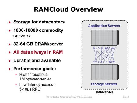 CS 142 Lecture Notes: Large-Scale Web ApplicationsSlide 1 RAMCloud Overview ● Storage for datacenters ● 1000-10000 commodity servers ● 32-64 GB DRAM/server.