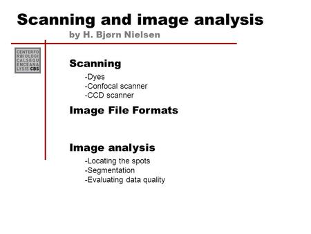 Scanning and image analysis Scanning -Dyes -Confocal scanner -CCD scanner Image File Formats Image analysis -Locating the spots -Segmentation -Evaluating.