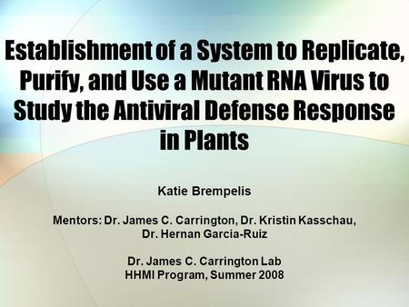 Establishment of a System to Replicate, Purify, and Use a Mutant RNA Virus to Study the Antiviral Defense Response in Plants Katie Brempelis Mentors: Dr.