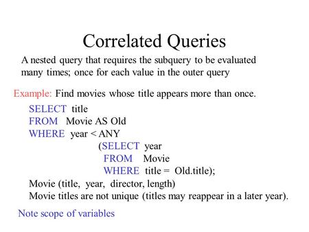 Correlated Queries SELECT title FROM Movie AS Old WHERE year < ANY (SELECT year FROM Movie WHERE title = Old.title); Movie (title, year, director, length)