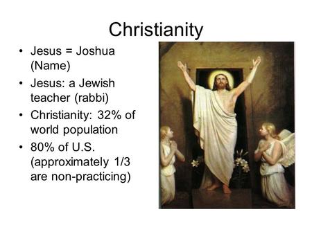 Christianity Jesus = Joshua (Name) Jesus: a Jewish teacher (rabbi) Christianity: 32% of world population 80% of U.S. (approximately 1/3 are non-practicing)