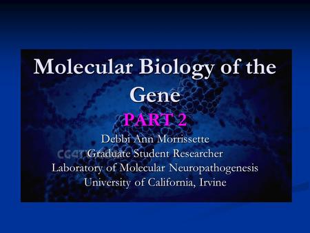 Molecular Biology of the Gene PART 2 Debbi Ann Morrissette Graduate Student Researcher Laboratory of Molecular Neuropathogenesis University of California,