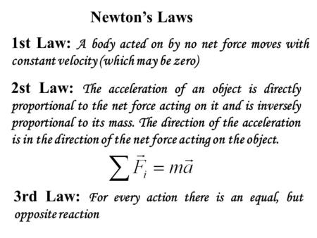 Newton’s Laws 1st Law: A body acted on by no net force moves with constant velocity (which may be zero) 2st Law: The acceleration of an object is directly.