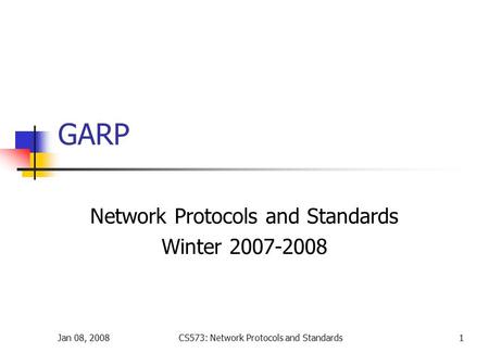 Jan 08, 2008CS573: Network Protocols and Standards1 GARP Network Protocols and Standards Winter 2007-2008.