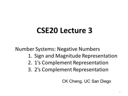 CSE20 Lecture 3 Number Systems: Negative Numbers 1.Sign and Magnitude Representation 2.1’s Complement Representation 3.2’s Complement Representation 1.