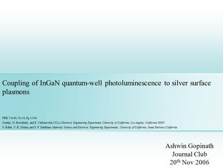 Coupling of InGaN quantum-well photoluminescence to silver surface plasmons PRB, Vol 60, No 16, Pg 11564 Gontijo, M. Boroditsky, and E. Yablonovitch,UCLA.