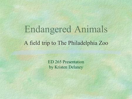 Endangered Animals A field trip to The Philadelphia Zoo ED 265 Presentation by Kristen Delaney.