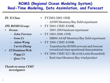 1 ROMS (Regional Ocean Modeling System) Real-Time Modeling, Data Assimilation, and Forecast FY2002-2003: ONR –AOSN Monterey Bay field experiment FY 2004: