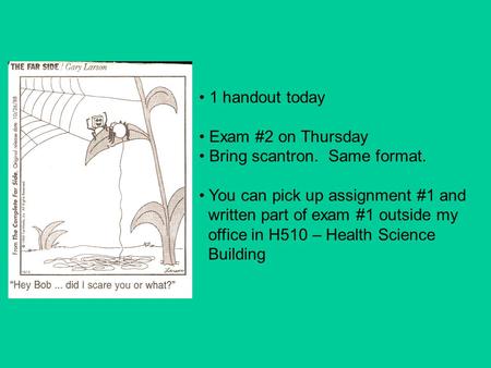 1 handout today Exam #2 on Thursday Bring scantron. Same format. You can pick up assignment #1 and written part of exam #1 outside my office in H510 –