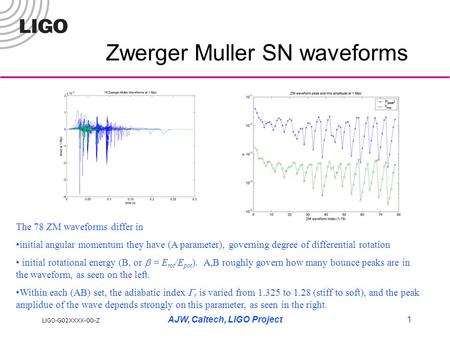 LIGO- G02XXXX-00-Z AJW, Caltech, LIGO Project1 Zwerger Muller SN waveforms The 78 ZM waveforms differ in initial angular momentum they have (A parameter),