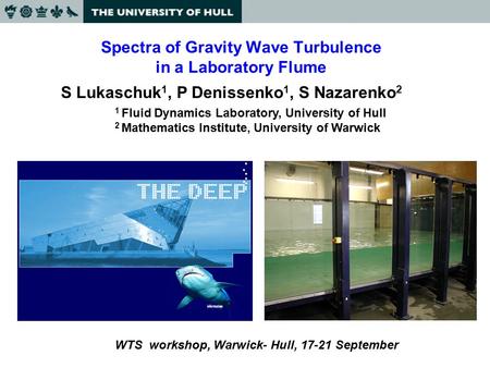 Spectra of Gravity Wave Turbulence in a Laboratory Flume S Lukaschuk 1, P Denissenko 1, S Nazarenko 2 1 Fluid Dynamics Laboratory, University of Hull 2.