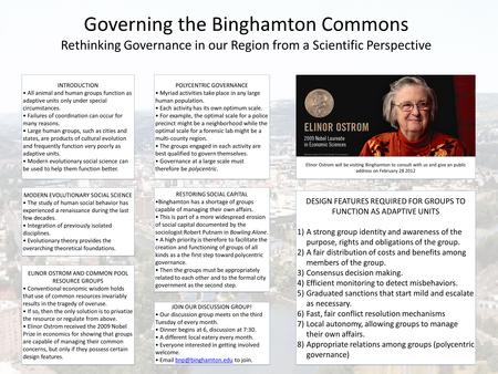 Governing the Binghamton Commons Rethinking Governance in our Region from a Scientific Perspective INTRODUCTION All animal and human groups function as.