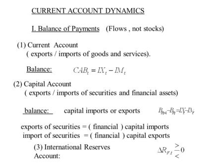 CURRENT ACCOUNT DYNAMICS I. Balance of Payments (Flows, not stocks) (1) Current Account ( exports / imports of goods and services). Balance: (2) Capital.