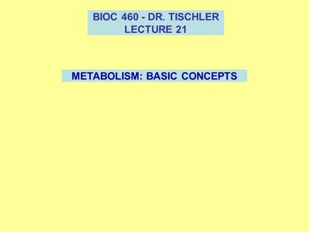 BIOC 460 - DR. TISCHLER LECTURE 21 METABOLISM: BASIC CONCEPTS.