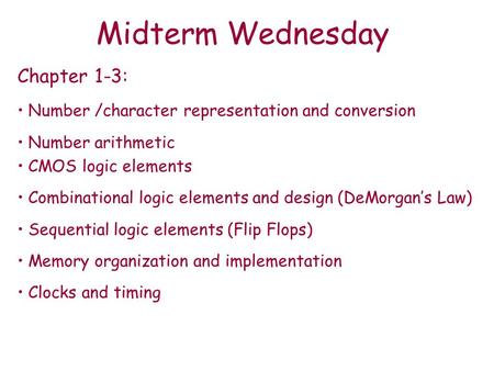 Midterm Wednesday Chapter 1-3: Number /character representation and conversion Number arithmetic CMOS logic elements Combinational logic elements and design.