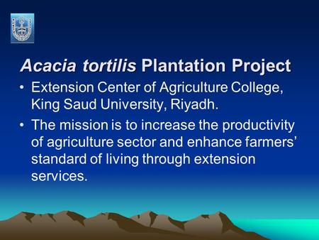 Acacia tortilis Plantation Project Extension Center of Agriculture College, King Saud University, Riyadh. The mission is to increase the productivity of.