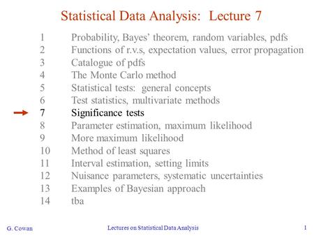 G. Cowan Lectures on Statistical Data Analysis 1 Statistical Data Analysis: Lecture 7 1Probability, Bayes’ theorem, random variables, pdfs 2Functions of.