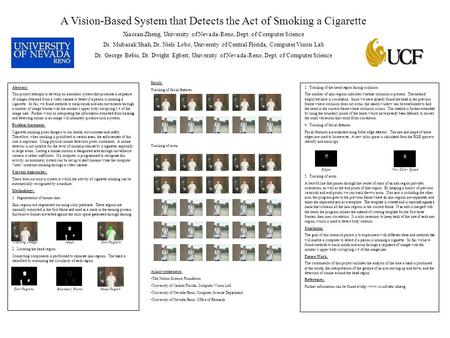 A Vision-Based System that Detects the Act of Smoking a Cigarette Xiaoran Zheng, University of Nevada-Reno, Dept. of Computer Science Dr. Mubarak Shah,