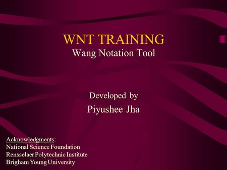 WNT TRAINING Wang Notation Tool Developed by Piyushee Jha Acknowledgments: National Science Foundation Rensselaer Polytechnic Institute Brigham Young University.