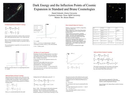 Dark Energy and the Inflection Points of Cosmic Expansion in Standard and Brane Cosmologies Daniel Schmidt, Liberty University Cyclotron Institute--Texas.