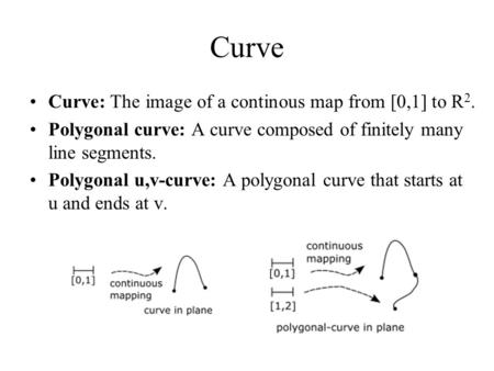 Curve Curve: The image of a continous map from [0,1] to R 2. Polygonal curve: A curve composed of finitely many line segments. Polygonal u,v-curve: A polygonal.