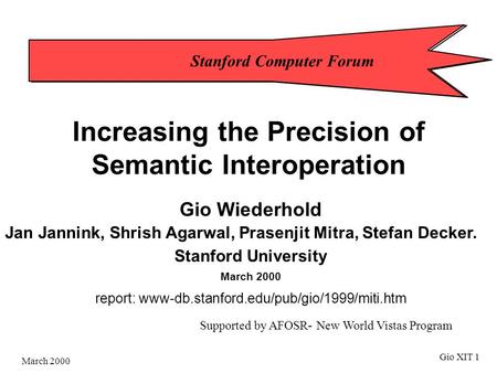 March 2000 Gio XIT 1 Increasing the Precision of Semantic Interoperation Gio Wiederhold Stanford University March 2000 report: www-db.stanford.edu/pub/gio/1999/miti.htm.