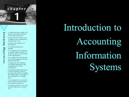 Introduction to Accounting Information Systems. Learning Objectives To appreciate the complex, dynamic environment in which accounting is practiced. To.